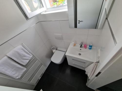 ein Badezimmer mit einem Waschbecken, einem WC und einem Spiegel in der Unterkunft Roggendorf Zimmervermietung in Roggendorf