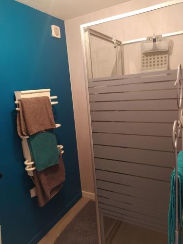 La salle de bains est pourvue d'une douche et de serviettes sur un mur bleu. dans l'établissement Les gîtes de Vensac, à Vensac