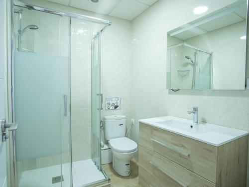 馬德里的住宿－NALÓN INN，浴室配有卫生间、盥洗盆和淋浴。