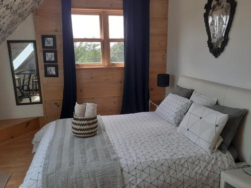 1 dormitorio con cama y ventana en Ma Cabane du Canada, en Combray