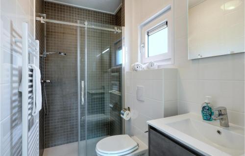 a bathroom with a shower and a toilet and a sink at 2 Bedroom Cozy Home In Ssel in Süsel