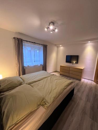 een slaapkamer met een groot bed en een televisie bij Schöne helle Ferienwohnung 64qm mit Kingsize Bett, Smart-TV, Wlan und sehr ruhige Lage in Erfurt