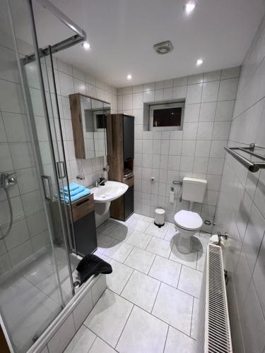 een badkamer met een douche, een toilet en een wastafel bij Schöne helle Ferienwohnung 64qm mit Kingsize Bett, Smart-TV, Wlan und sehr ruhige Lage in Erfurt