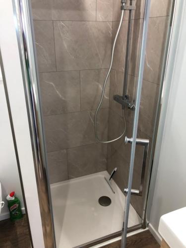 une douche dans une salle de bain avec une porte vitrée dans l'établissement Berck appartement cosy, à Berck-sur-Mer