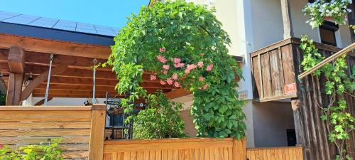 a wooden fence with flowers on a balcony at RIVER KOLPA APARTMENT, Griblje ob reki Kolpi in Gradac