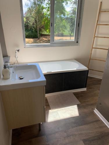 een badkamer met een bad, een wastafel en een raam bij Gîte familial avec spa privatif & piscine chauffée in Belleray