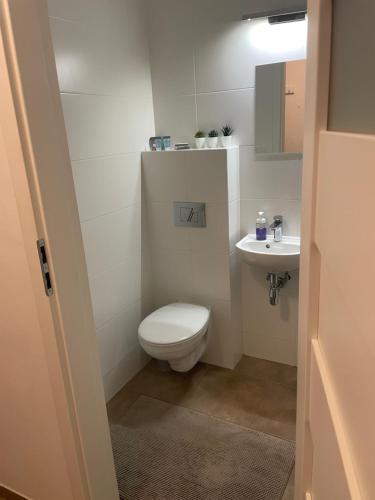 a bathroom with a toilet and a sink at Apartament Centrum in Koszalin