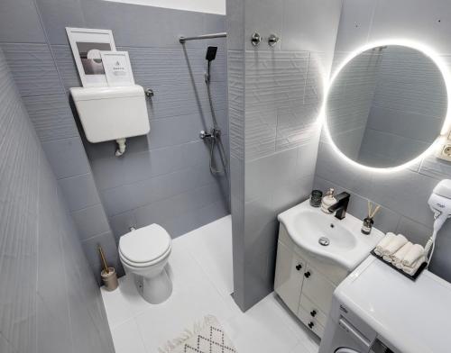 uma casa de banho com um WC, um lavatório e um espelho. em Felsőerdősor Residence em Budapeste