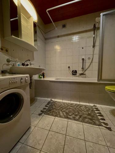 a bathroom with a sink and a washing machine at Alpine cottage with exceptional view in Mayrhofen