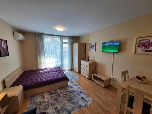 a bedroom with a purple bed and a tv at Apartments in Aspen Suites in Bansko