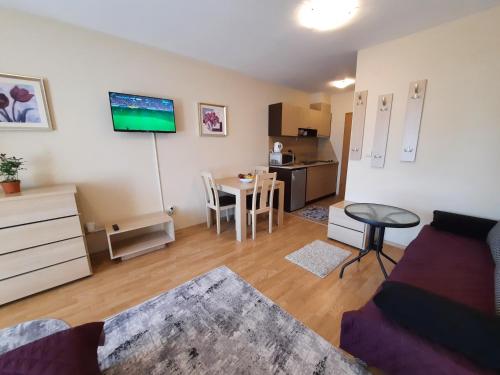 un soggiorno con divano e tavolo di Apartments in Aspen Suites a Bansko