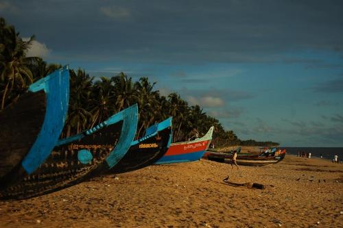 a group of boats sitting on a beach at 3 bedroom country home with a lush full backyard in Trichūr