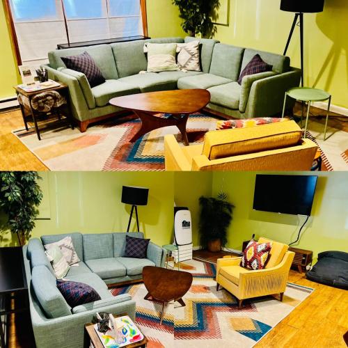 two pictures of a living room with couches and tables at ⛰⛵️⛱Mt. Maplewood Lodge❤️Seasonal Specials ☆Poconos☆Cabin☆Hot⛷Tub☆Game Room☆ in Pocono Pines