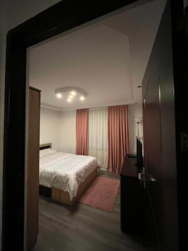 a bedroom with a large bed and a window at Apartament Mattias in Călimăneşti