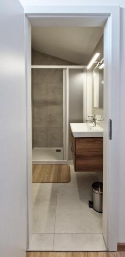 a bathroom with a shower and a sink at Apartmány Minoris in Liptovský Mikuláš