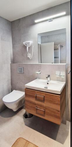 a bathroom with a sink and a toilet and a mirror at Apartmány Minoris in Liptovský Mikuláš
