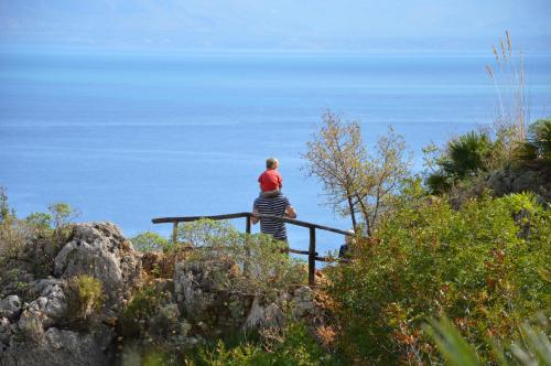 a person standing on a railing overlooking the ocean at Villa delle Stelle in Scopello
