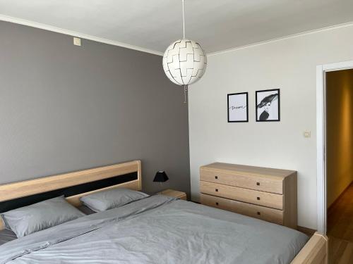a bedroom with a bed and a pendant light at Appartement29 in Wetteren