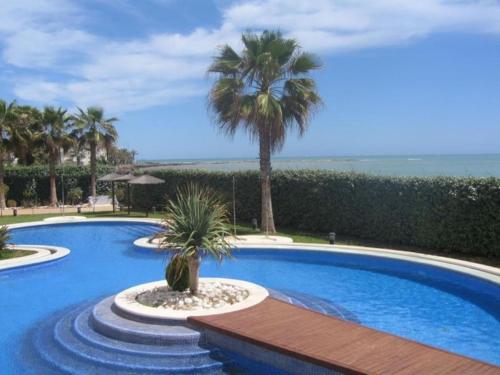 a large swimming pool with palm trees and the ocean at Precioso apartamento en primera línea de playa in San Blas