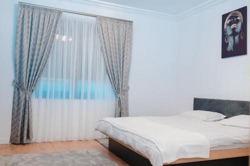 a bedroom with a bed and a large window at Ande House in Orşova