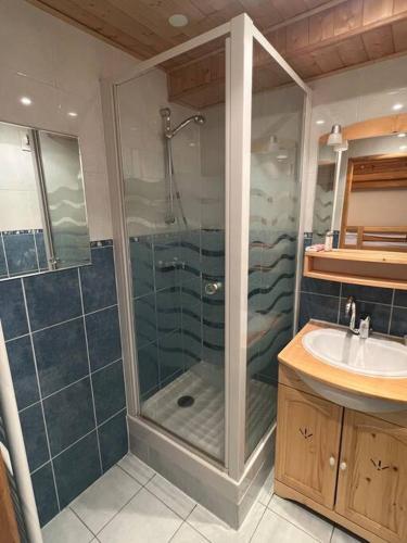 une salle de bain avec douche et lavabo dans l'établissement Glaciers / 4 persons apartment, à Val Thorens