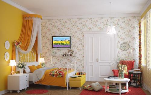 利維夫的住宿－Edem Apartmants in Lviv 2，卧室配有一张床,墙上配有电视。