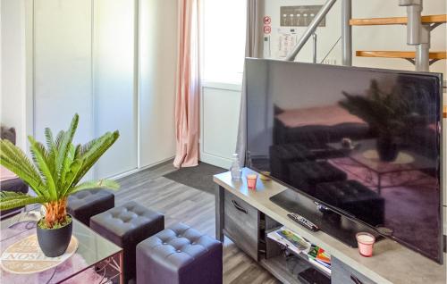 un salon avec une grande télévision à écran plat dans l'établissement Lovely Home In Saint-Sauveur-Lalande, à Saint-Rémy