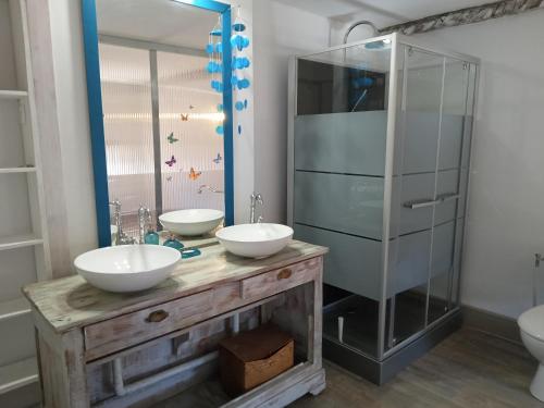 a bathroom with two sinks and a glass shower at Bâtisse historique proche Lac et forêts in Savères