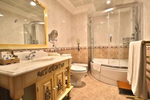 イスタンブールにあるBlue House Hotel Old City - Sultanahmetの洗面台、浴槽、トイレを備えたバスルーム