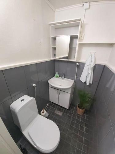 a bathroom with a white toilet and a sink at "Sunrise" Asunto koodilukolla in Imatra