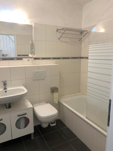 a bathroom with a toilet and a sink and a shower at House Elinor Suite in Flörsheim am Main
