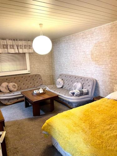 ein Schlafzimmer mit einem Bett, einem Sofa und einem Tisch in der Unterkunft Airport Sarajevo Apartment 2 in Sarajevo