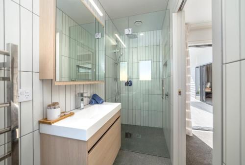 a bathroom with a sink and a glass shower at Citron 9 in Greytown