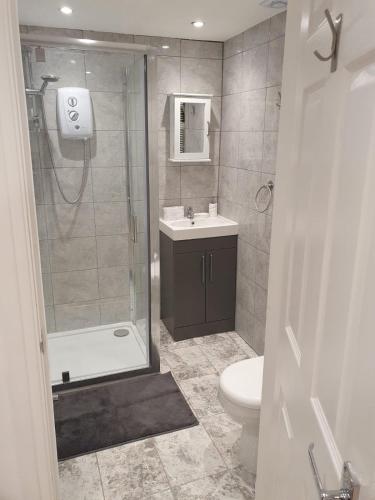 a bathroom with a shower and a toilet and a sink at Beautiful loft with En-Suit in a family house, in London