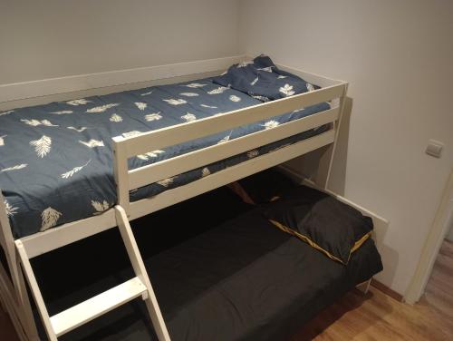 a bunk bed with a ladder next to a wall at Cosy apt à 200m de la Cathédrale in Liège