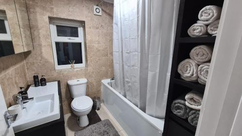 y baño con aseo, lavabo y ducha. en Luxury 1 bedroom flat in the heart of Wood Green, en Londres