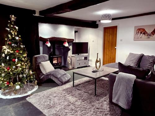 a living room with a christmas tree and a fireplace at The Old Post Office, Cosy Grade II listed 2 bed apartment Windermere in Windermere