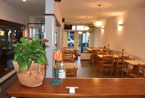 un restaurant avec une table et un vase de fleurs. dans l'établissement Hotel Sol Colonia, à Colonia del Sacramento