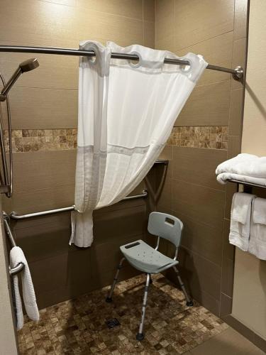 einen Duschvorhang und einen Stuhl im Bad in der Unterkunft Rapid River Lodge in Baxter