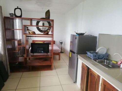 a kitchen with a refrigerator and a sink and a counter at The balcony of the camiguin island in Mambajao