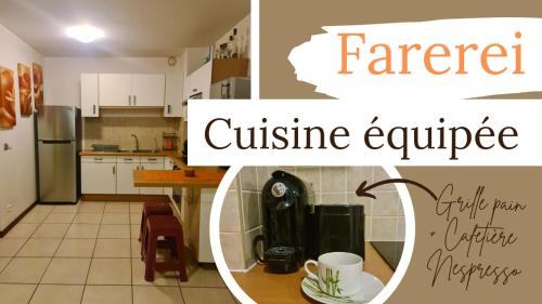 a kitchen with a refrigerator and a table with a coffee cup at Farerei Appartement spacieux, équipé et confortable in Faaa