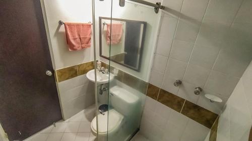 y baño con ducha, aseo y lavamanos. en Apartamento 2 habitaciones en Bosque Largo - Ibagué, en Ibagué