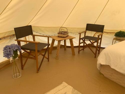 HunterにあるStudholme Glampingのテント内の椅子2脚とテーブル