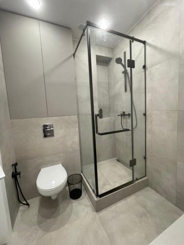a bathroom with a shower and a toilet at Freedom elite apartment in Astana