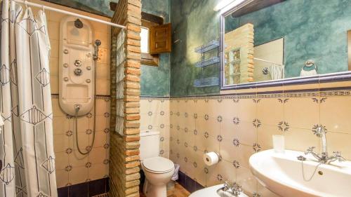 a bathroom with a sink and a toilet and a mirror at La Huerta del Tajo - Pequeña Ronda by Ruralidays in Ronda