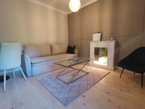 sala de estar con sofá y chimenea en Apartamenty Motyl - pokój studio, en Bytom