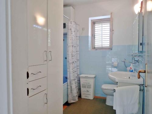 niebieska łazienka z toaletą i umywalką w obiekcie Apartment in Starigrad-Paklenica 34801 w mieście Starigrad-Paklenica