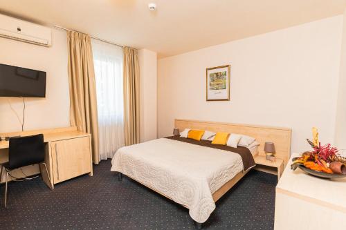 a bedroom with a bed and a desk and a television at Hotel Pacific in Timişoara