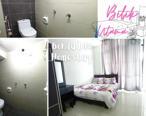 two pictures of a bathroom with a bed in a room at Bonda Lilik Homestay in Klang