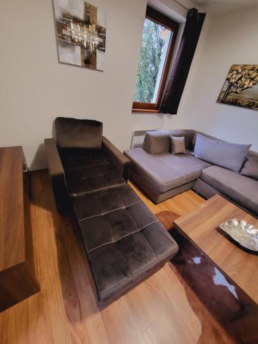 a living room with a couch and a table at Kamzik Apartment hill view with garage in Donovaly